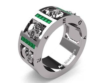 mens avant garde 14k white gold channel set princess emerald skull wedding ring r413p 14kwgem - Mens Skull Wedding Rings mens avant garde 14k white gold channel set princess emerald skull wedding ring r413p 14kwgem - Mens Skull Wedding Rings