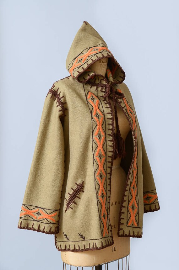 70s Hooded Wool Embroidered Festival Bohemian Hippie Jacket