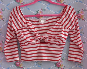 Nautical Sailor Cropped Top for Pinups - Bow Knot Blouse with 3/4 Length Sleeves in Red and White Stripes Size Small