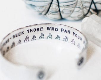 SALE OM & Buddha inspirational Rumi quote bracelet. Set your life on fire, seek those who fan your flames. Hand stamped yoga bracelet. RTS C