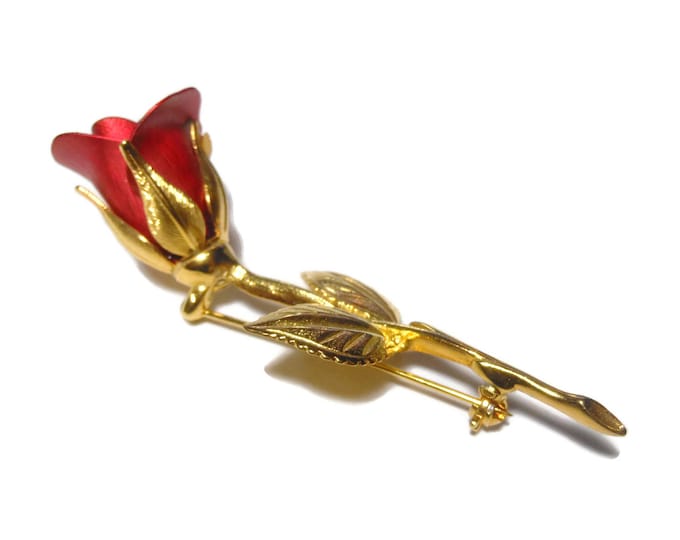 Giovanni red rose brooch, deep red enameled textured rose, intricately textured, beautiful piece, brushed gold tone, stem and leaves.