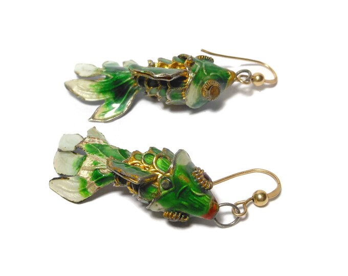 Enamel Koi fish earrings, Chinese good luck charm, green cloisonne fish, articulated moveable, pierced french hook, enamel rhinestone eyes