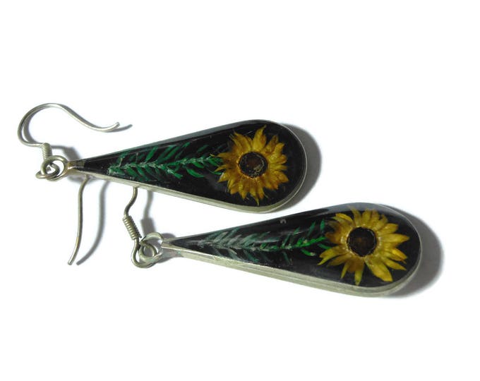 FREE SHIPPING Mexican pressed flower earrings, yellow dried flower in glass teardrop shaped marked Mexico french hoops nickle silver floral