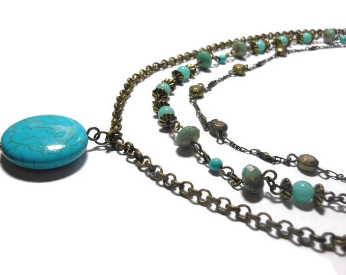 FREE SHIPPING Turquoise 3 strand necklace, dyed howlite magnesite, bronze chains, Boho tribal southwestern, statement light
