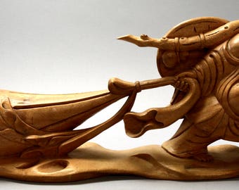 Vintage Hand Carved Rosewood Buddha Carrying a Sack of Money Sculpture