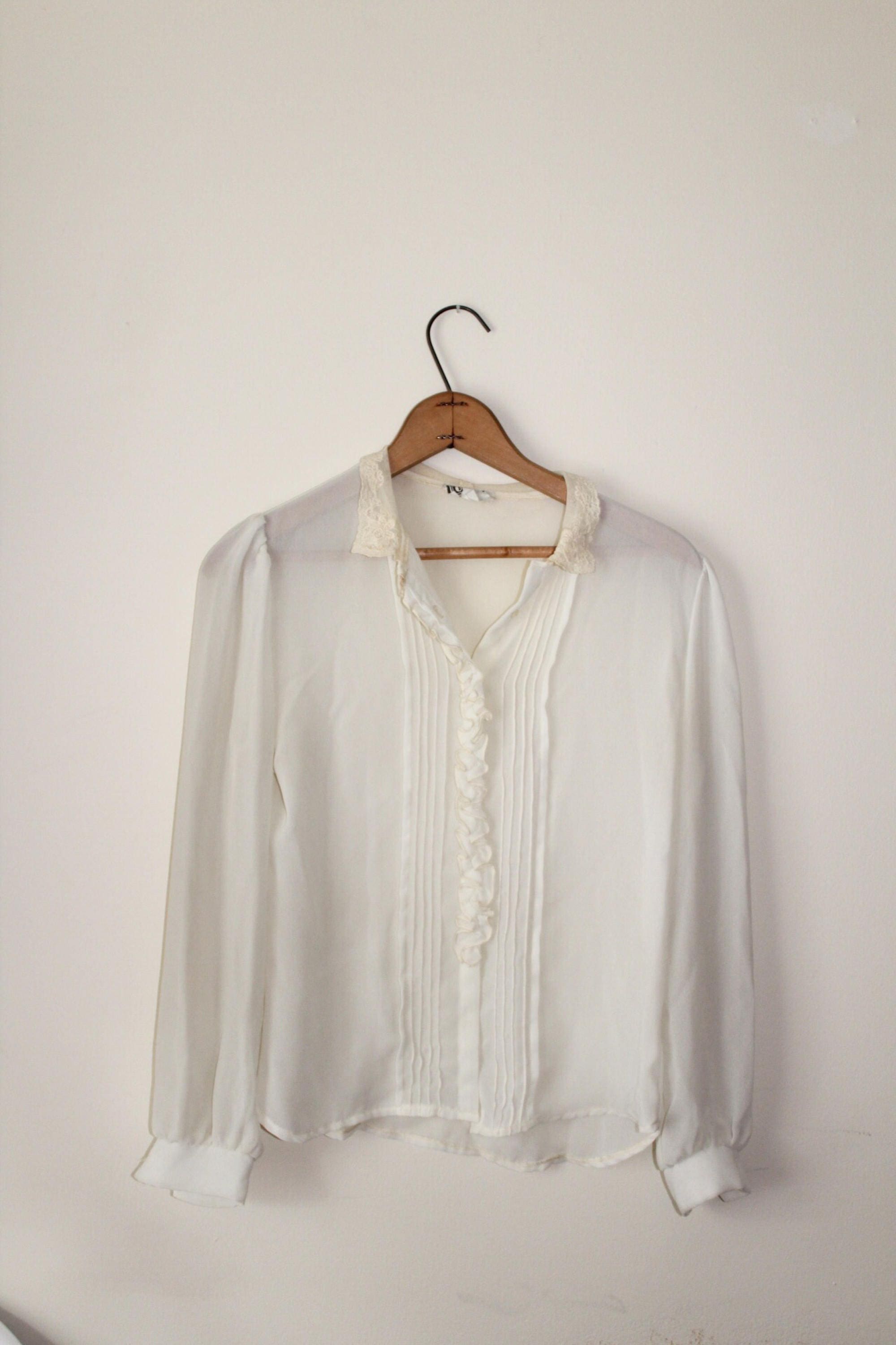 Vintage Sheer Victorian Ruffled Blouse Ladies 70s Button Down