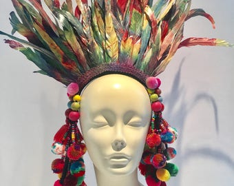 Pom pom headdress- Feather Headpiece -Tribal Headdress- Music Festival- Burner Head piece- Pride- Rainbow Headpiece- Headdress NY.