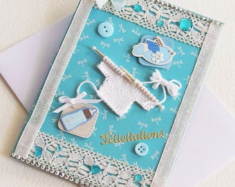 Carte Félicitations Naissance Bébé Garçon - Mon petit oiseau bleu - Dentelle, Layette, Biberon - Création d'artiste, en pièce unique