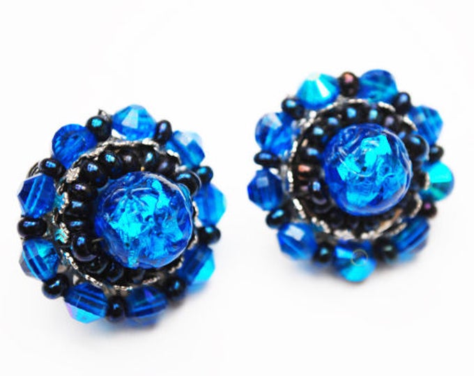 Hobe Bead Cluster earrings - Blue Art Glass - silver black - clip on earring