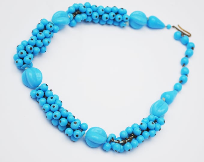 Light Blue bead necklace - Glass milk glass - signed Western Germany - collar necklace