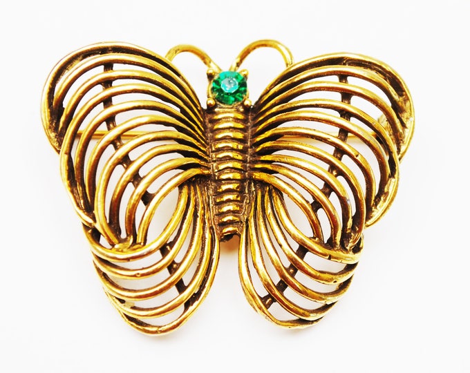 Gold Butterfly Brooch _ Signed Jeanne - Goldtone with green rhinestone - Designer signed - 1960s