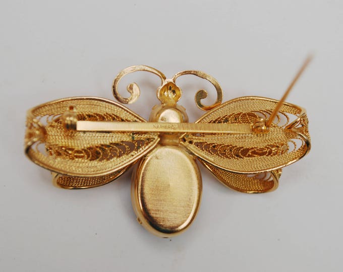 Butterfly Rhinestone BRooch _ Signed Napier _ Purple crystal - Ornate gold wire - Bug pin