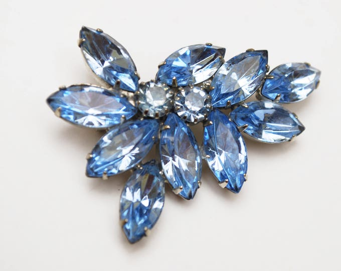 Light Blue Rhinestone Brooch - Flower Leaf floral pin - silver tone - mid century