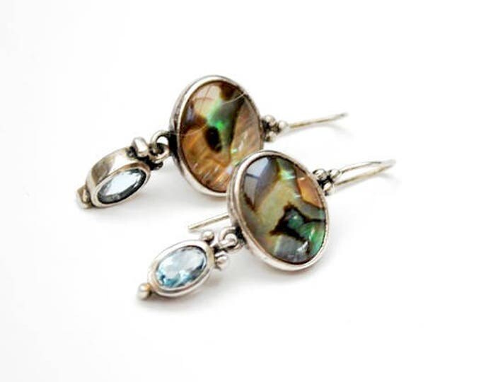 Abalone Sterling dangle Earrings- Blue open back glass - Drop pierced earrings