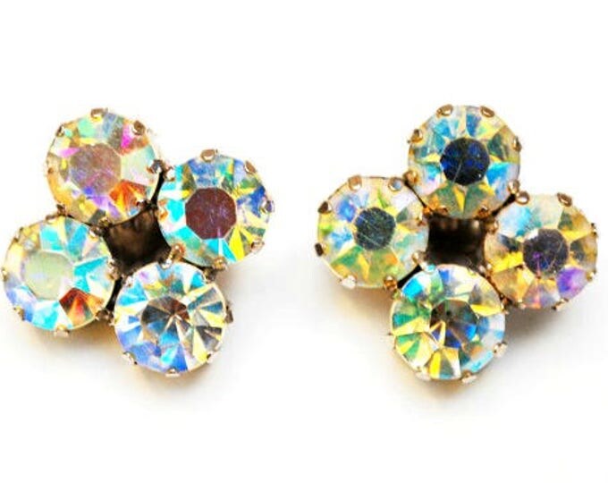 Rhinestone clip on earrings - Aurora Borealis AB crystal - Diamond design - Wedding Bride - Prom Bling