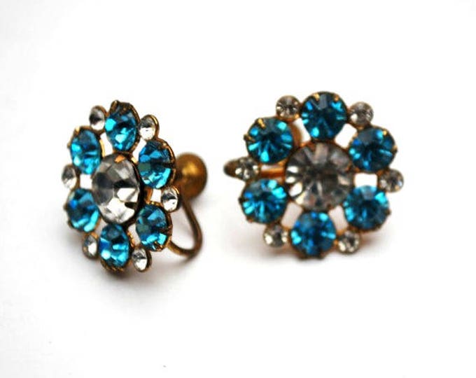 Rhinestone Coro Earrings - Blue Flower - mid century - screw back Earring - Gold plated metal