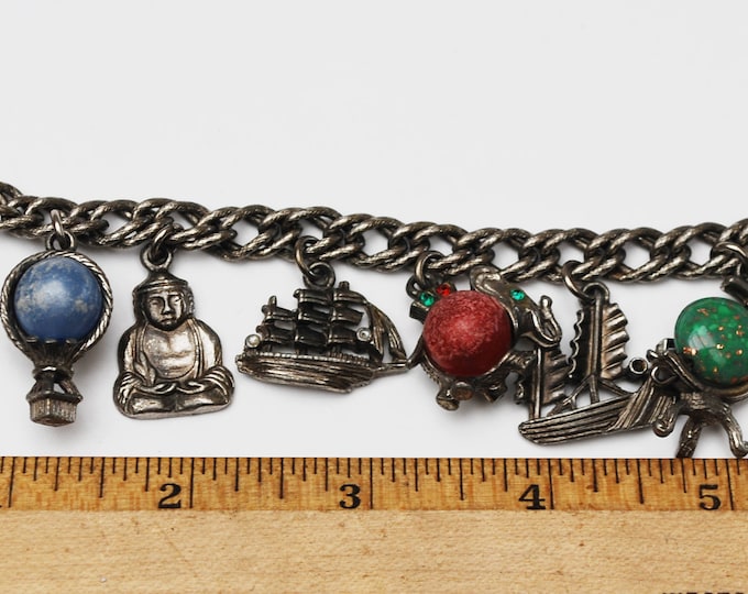 Silver Travel Charm bracelet - signed Leru - silver tone - traving charms boats,air ballon,globe bicycle ,Buddha charms