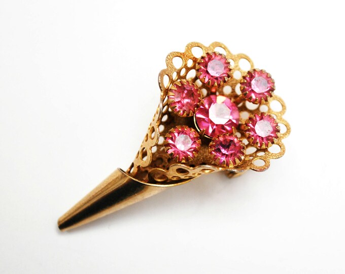 Pink Rhinestone Flower Brooch - Flower bouquet -gold wrap - -Floral Spray pin