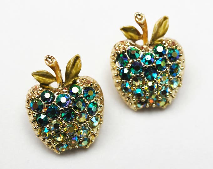 Apple scatter pins - Two Rhinestone Fruit brooches - Aurora Borealis - Gold small pin