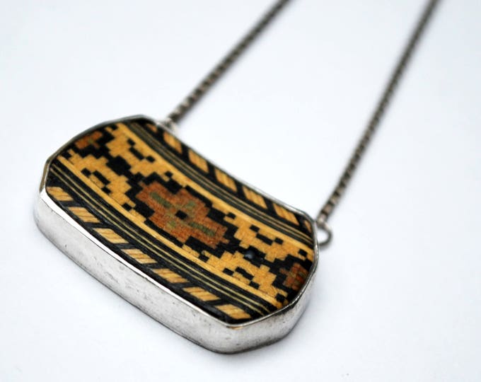 Mosaic inlay Pendant - sterling necklace - wood - brown black - tribal - south western - Italy box chain