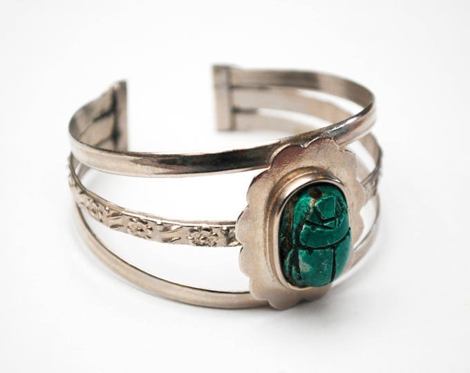scarab beetle cuff bracelet - carved Clay ceramic - turquoise blue - Egyptian Revival - Silvertone bangle