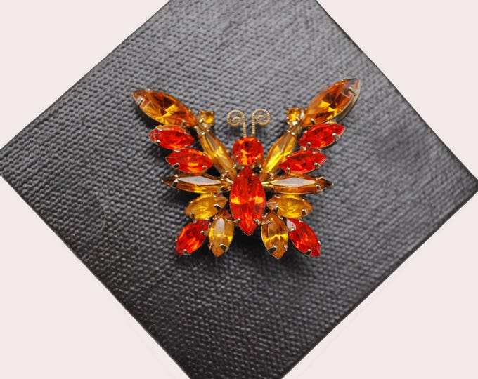 Butterfly Rhinestone Brooch - Orange Yellow crystal - gold - Insect pin - Mid Century Juliana style