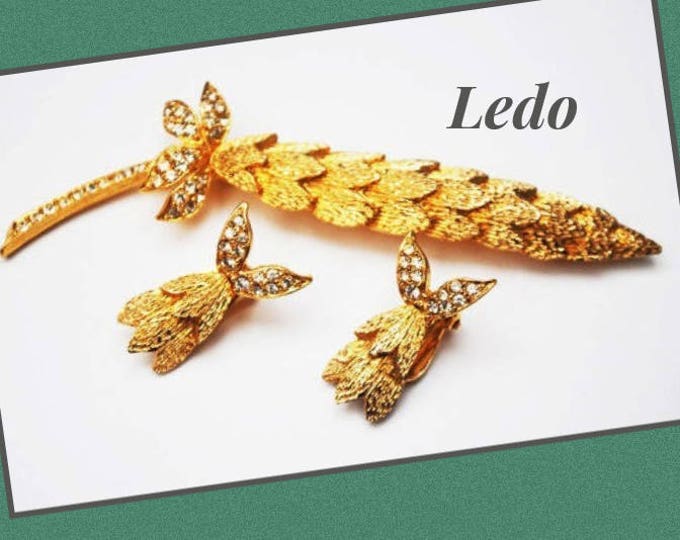 Floral Leaf Brooch earring set - Signed Ledo - Rhinestone gold -flower pin clip on earrings