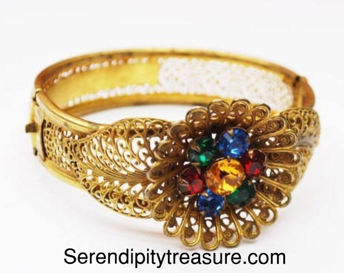 Art Deco Nouveau Gold Filigree Flower Bracelet - colorful Rhinestone - gold plated open work - Sliding Hinged Bangle