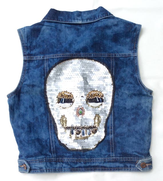 Beaded Skull Denim Vest Jacket