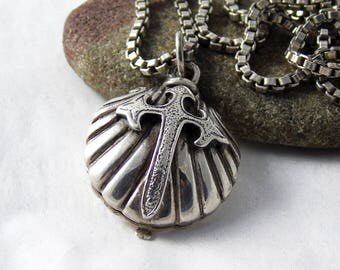 Vintage Sterling Silver Atocha 1622 Pendant Necklace, Oyster Shell Pendant, Locket Pendant, Cross Pendant, 1994, 20.5 Inch Chain