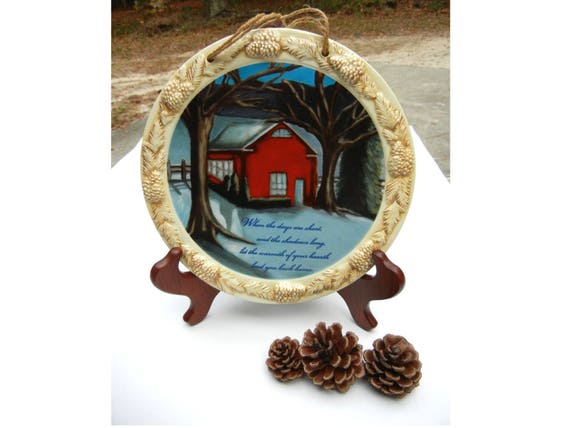 Decorative Plate with Winter Scene, Lovely 3 Dimensional Sculpted Edge, Red House in Snow Collectible Plate CIJ TAKE 20% OFF