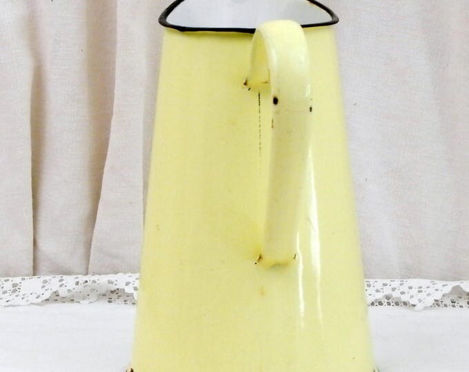 Antique French Buttercup Yellow Enamel Pitcher, Chippy Cottage Kitchen Enamelware Jug, French Country Chateau Shabby Chic, Vintage Decor