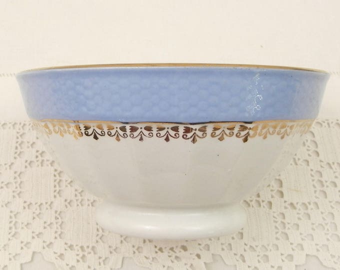 Antique Blue and White with Gold Gilt Frieze Farmhouse Ceramic Scalloped Sided Coffee Bowl from France, French Gilbert Café Bowl, Latte