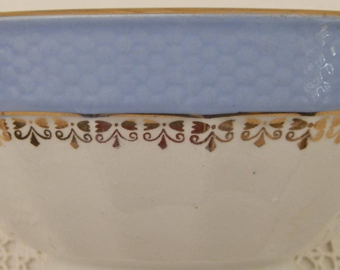Antique Blue and White with Gold Gilt Frieze Farmhouse Ceramic Scalloped Sided Coffee Bowl from France, French Gilbert Café Bowl, Latte