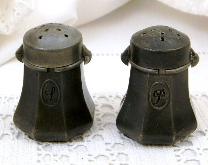 Vintage Pewter Salt and Pepper Shakers with Monogram S and P Made by Etain Du Manoir Paris France, French Decor Shabby Chic Tableware