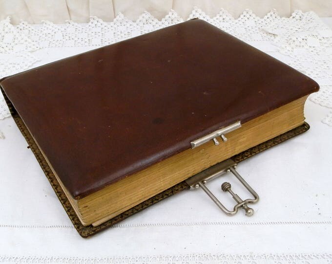 Large Antique French Leather Bound Photo Portrait Album with Metal Lock and Gold Gilt Edges, Family Photograph Book, Brocante Home Decor