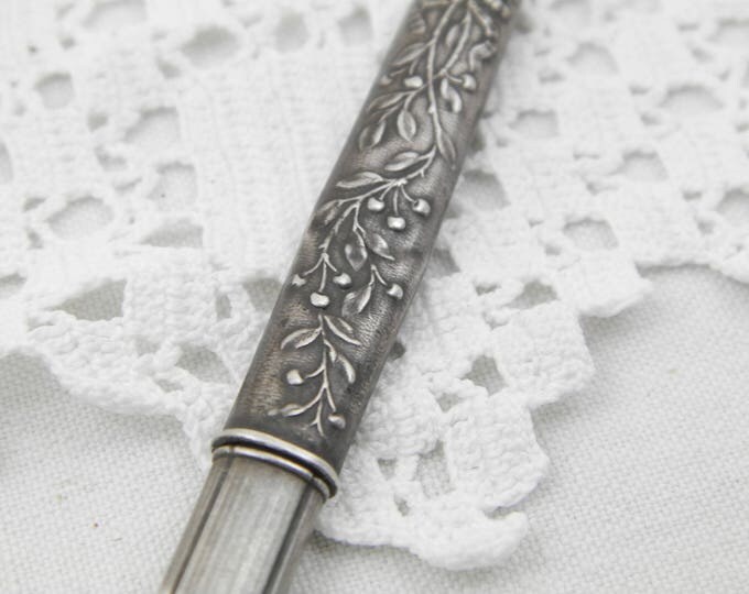 Antique French Silver Pendant Pencil Holder, Precious Metal Pen Case for a Necklace, Victorian Novelty Jewelry with Cherry Pattern