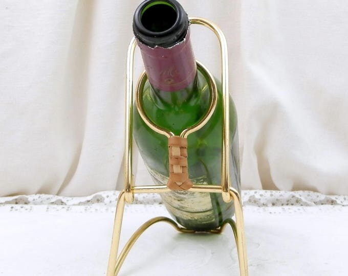 Vintage Mid Century 1960s Golden Anodized Metal and Raffia Woven Wine Bottle Holder / Server, Retro 60s Dinner Party Accessory From France