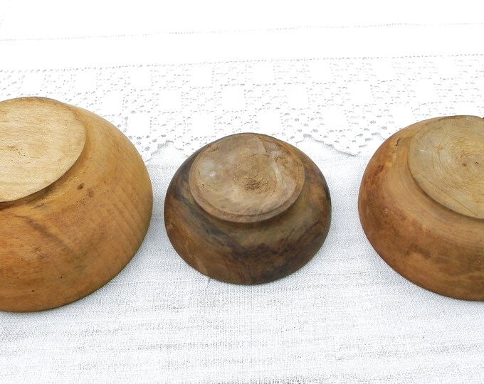 Antique Nest of 3 Different Wooden Bowls, Oak Walnut and Fruit Wood Turned Wood Vessels, French Country Farmhouse Cottage Rustic Decor