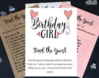 8 x Find the Guest Birthday Girl Balloons Party Games Cards Pink White Kraft