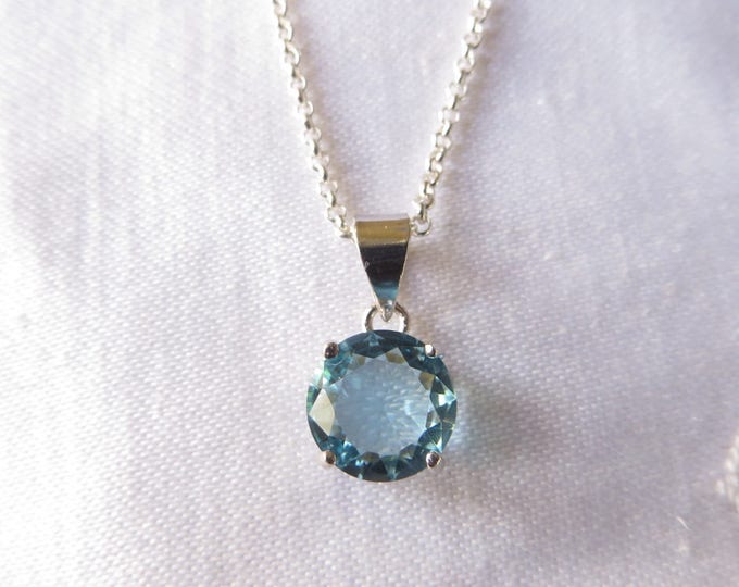 Sterling Aquamarine Necklace, Aqua Glass Solitaire Pendant, 16" Chain