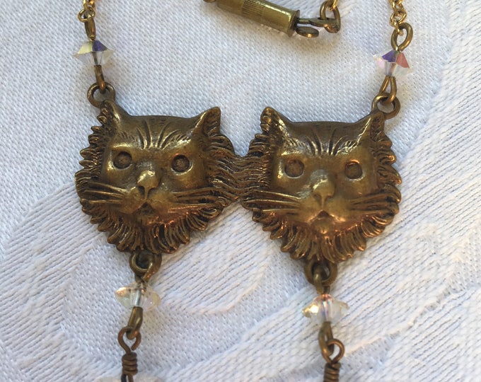 Vintage Cat Necklace, Signed Pididdly Links, Twin Cats, Swarovski Crystal Heart Dangles, Cat Jewelry