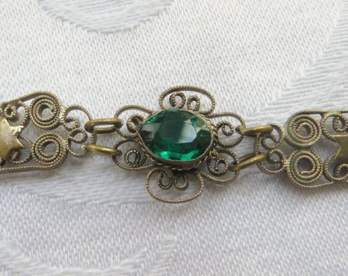 Antique Filigree Cameo Bracelet, Wirework Filigree, Shell Cameos, Emerald Glass Stones, Vintage Cameo Jewelry