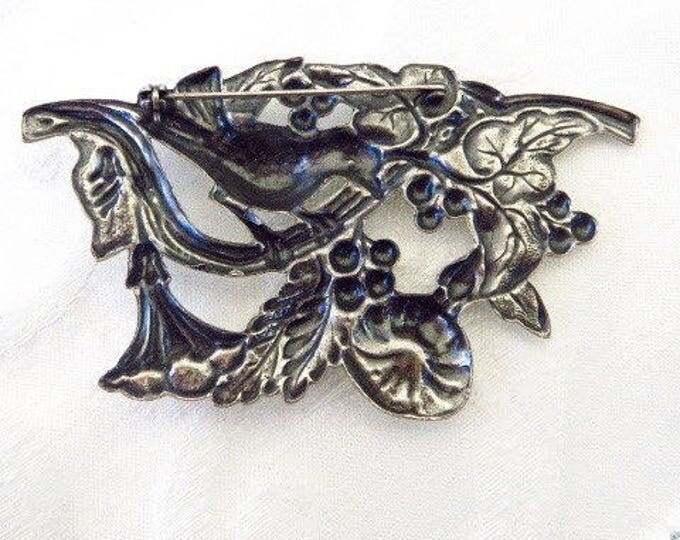 Antique Art Nouveau Brooch, Sterling Nouveau Bird Pin, Florals & Berries, Vintage Bird Jewelry, Nature Brooch