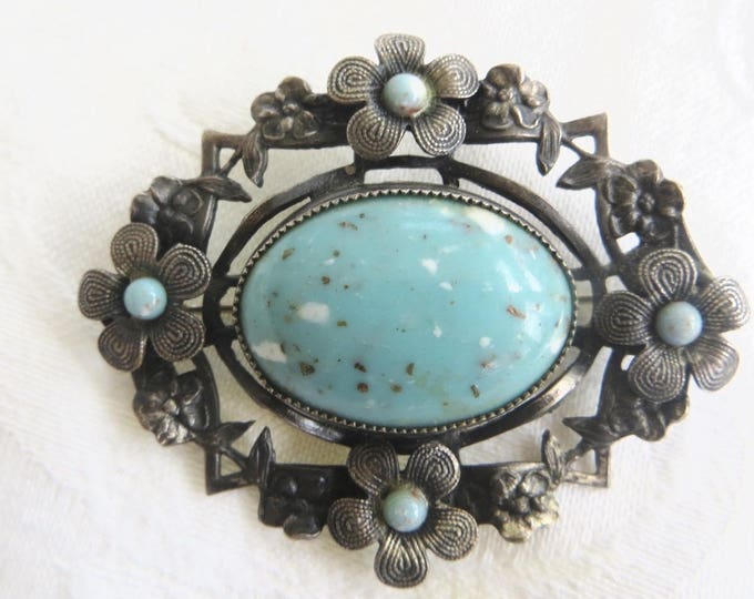 Vintage Floral Brooch, Silver Flowers with Faux Turquoise Center Stone, Handmade