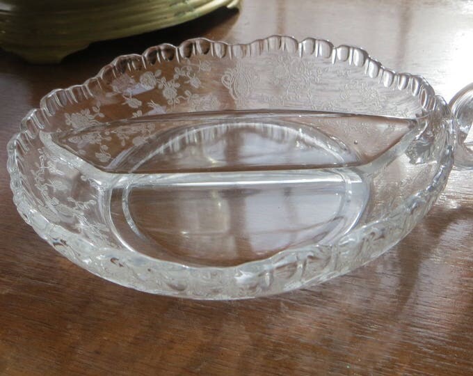 Cambridge Glass Rose Point Divided Dish, Vintage Etched Glass, Candy Dish, Serving Plate, Elegant Depression Glass