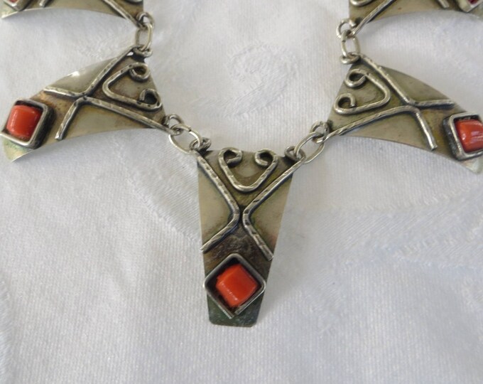 Vintage Art Deco Necklace, Egyptian Revival, Silver and Coral Necklace, Art Deco Jewelry, Egyptian Bib Necklace, Vintage Egyptian Jewelry