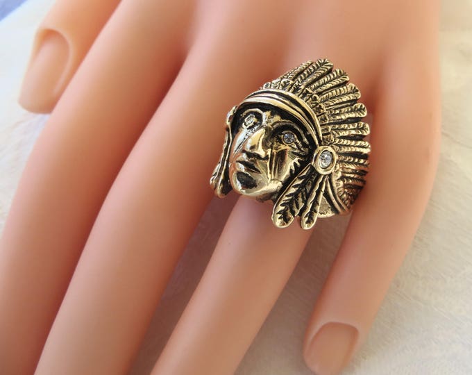 Vintage Indian Chief Ring, Gold Plated Apache Chief, Native American Figural Ring, Southwestern Jewelry, Size 9.5