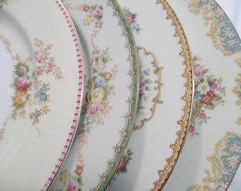 Vintage Mismatched China Dinner Plates, Bridal Luncheon,Wedding, Shabby, Bridal Gift, Dinner Party, Garden Party - Set of 4