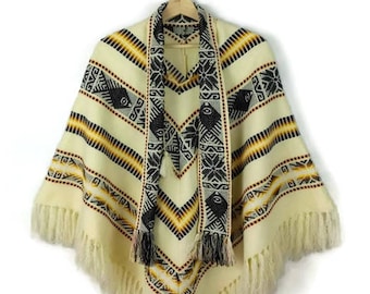 Vintage Cream White/Black/Yellow Stripe Aztec Sweater cape/Fringed poncho from 1970's*